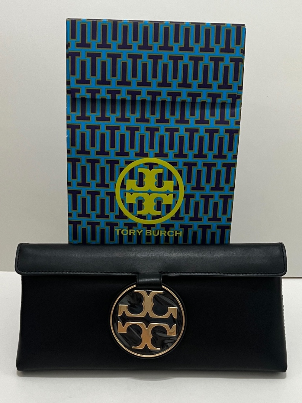 NWT Very Rare Tory Burch Miller Metal Leather Clutch - Black/Gold